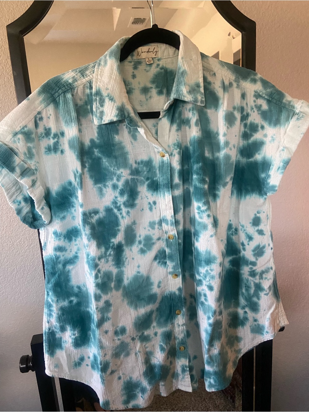 Wonderly Teal and White Tie-Dye Button Down Shirt